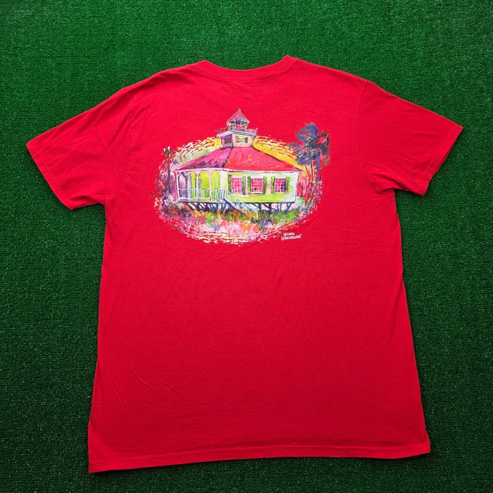 Leoma Lovegrove Tropical Island Cottage Graphic Tshirt Unisex Large Red Beach